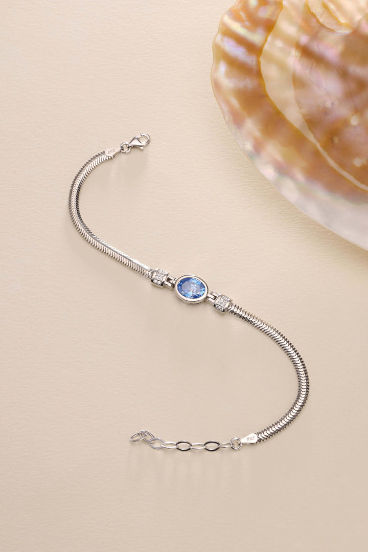 Handmade Herringbone Sterling Silver Bracelet with Aquamarine Stone